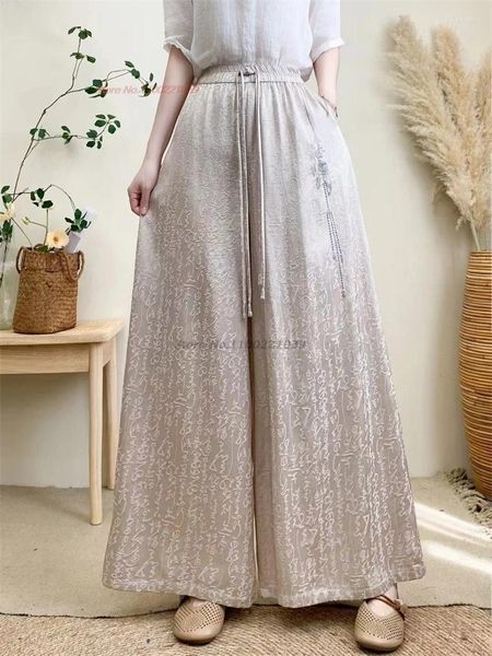 Ethnische Kleidung 2024 Chinesische Vintage Hosen nationale Charaktere Jacquard Blumenstickerhose Elastiziertes Taille weites Bein