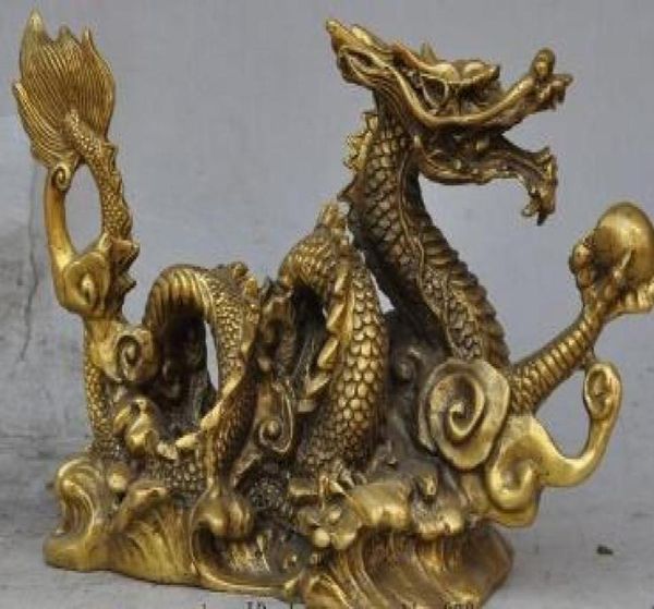 8quotchinese fengshui Lucky Brass Wealth Success Zodiac Dragon Beads Show estátue2597635