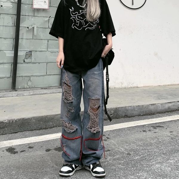 Frauen Jeans Loch Trend Mädchen Denim gerade Bein Hosen Frauen Hiphop High Street Retro Y2K Taille Lose breit