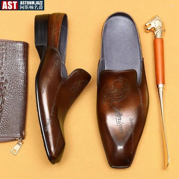 Terlik İtalyan Lüks Erkek Orijinal Deri Yarım Ayakkabı Elbise 2024 Yaz tarzı Tasarımcı Kalite Vintage İş Sandalları