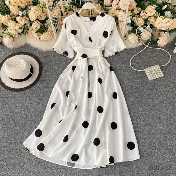 Basic Casual Kleider Chic Fashion Polka Dot Print Frauen Kleid 2023 Neue Sommer Elegant Vintage Verband Schlanker Taille Big Swing Long Party Kleid