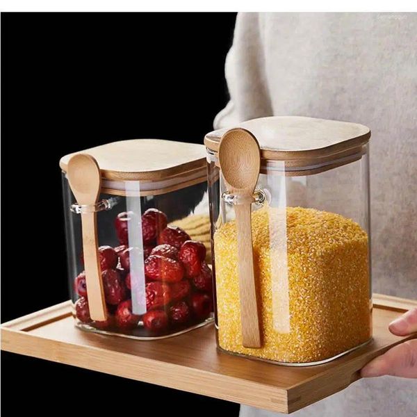 Aufbewahrung Flaschen 800-1200 ml kreative Kaffeebohnenglas Glas Jar Square Seal Flasche Küche Lieferungen Teebox mit Holzlöffel