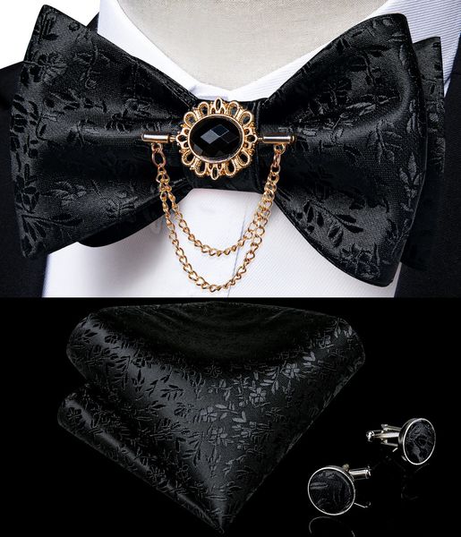 Siyah Çiçek Katı Kendi Kravat Bow Tie Erkekler Moda Butterfly İpek Formal İş Düğün Partisi Bowtie Mendil Seti Dibangu 240418