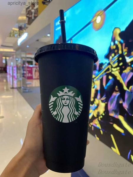 Garrafa de água Starbucks caneca 24oz/710ml Tumbler de plástico reutilizável Driving Black Drink