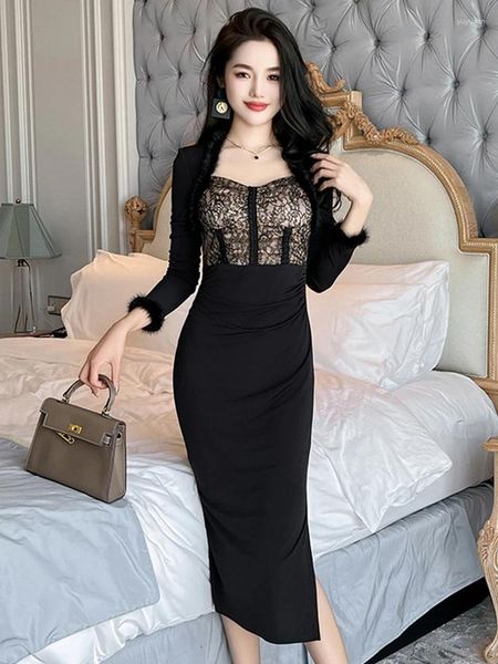 Vestidos casuais vestido retro preto feminino elegante celebridade renda laca splice de cintura alta mancha de fenda