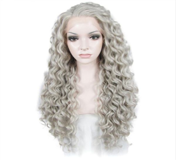 Cinza Longo Longo Curly peruca peruca peruca frontal feminina fibra de fibra resistente ao calor Cha cabelo sem glu e cinza cor de renda sintética Cosplay8926868