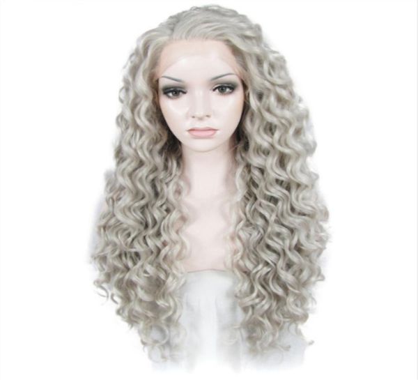 Parrucche anteriori con parrucca riccia piena grigio per le parrucche anteriori delle donne in fibra resistente ai capelli resistenti al calore glueless grigio grigio silvestrenne parrucca in pizzo cosplay8926868