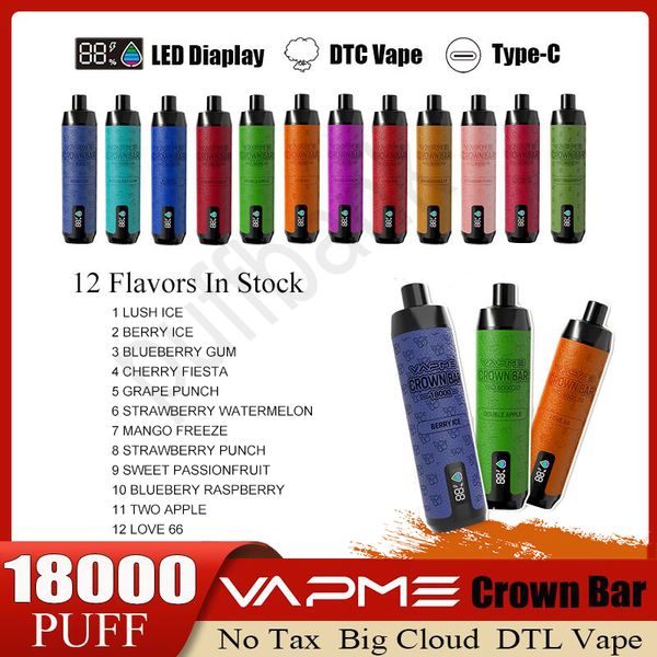 Orijinal Vapme taç çubuğu 18000 puflar tek kullanımlık e sigara bobin 25ml pod pil şarj edilebilir elektronik CIGS puf 20k 0% 2% 3% 5% vape kalem kiti 12k 9k 7k 7k 15k 15k