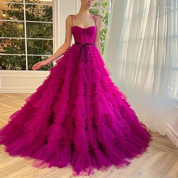 Partykleider sexy Fuchsia Promieder Schatz bodenlange gekräuselte Rock Tulle Abendkleid Geburtstagskleid