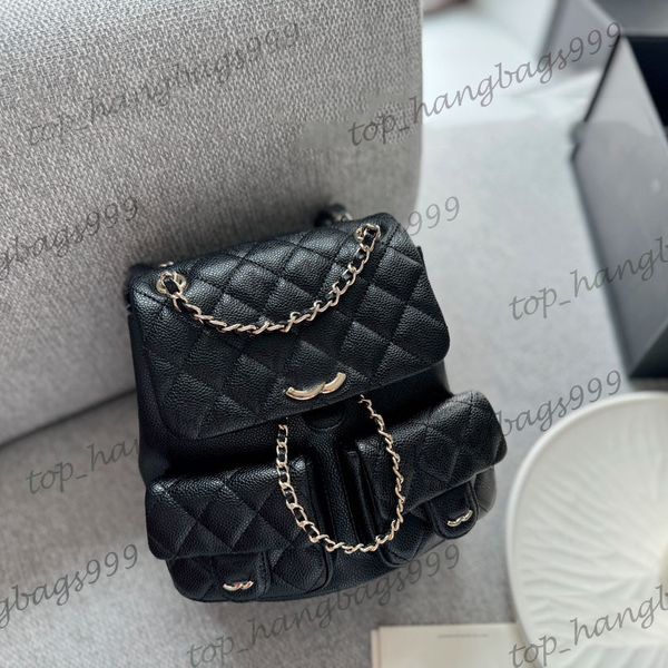 23p Ladies Black Caviar Leder Klassiker gestailte Mini Duma Rucksacktaschen Diamantgitter mit Klappen Kordelmesser Eimer Geldbörse Multi -Pochette -Beutel 20 cm