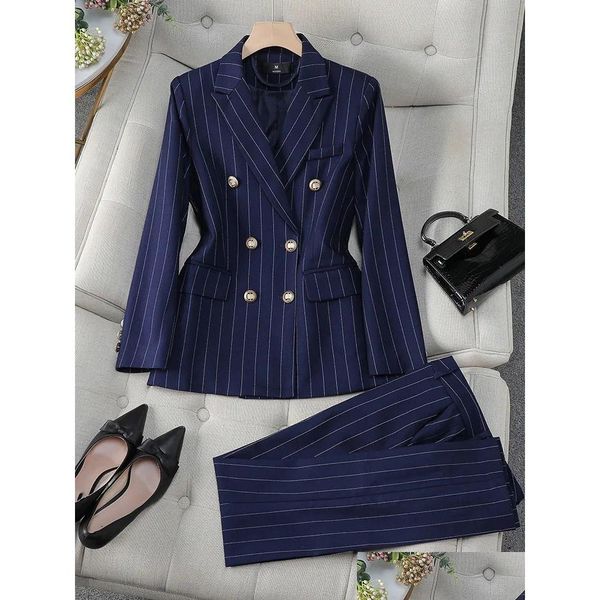 Abiti da donna Blazer Womens Fashion S-8xl Office Ladies Formale Stup Set Women Blue Stried Female Business Wear Dhoxz a 2 pezzi Dhoxz