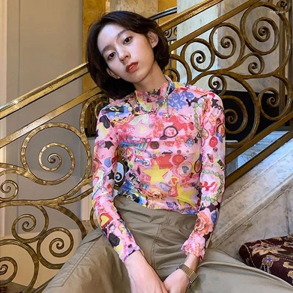 Camisetas femininas e-girl y2k malha de estética Tops Fairycore Graphic Veja através da camiseta de mangá coreana de colheita rosa kawaii