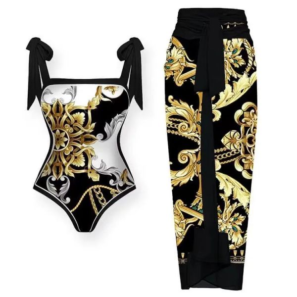 Indossa 2024 Nuovo Instagram Style Retro Hot Spring Posizionamento Stampato Swimwear Tie Up One Piece Set da bagno per il commercio estero