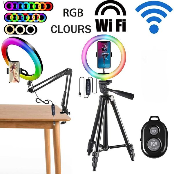 Непрерывное освещение RGB Color Soft Ring Light Photography Celfie Cring Light Circular Light с настольным столом с длинной рукой, держатель штатива для штатива Y240418