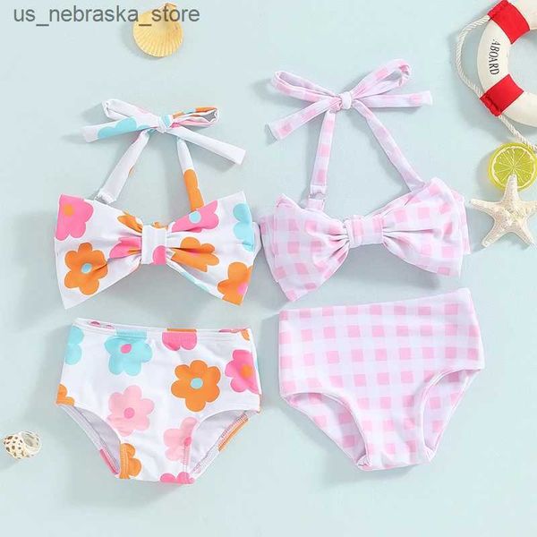 Pieces 1-6y Little Girl Bikini Set Flower Flower/Plain Soeveless Bow Bikini Top com shorts 2024 Summer Baby Swimwear modens Childrens Beach Terno q240418