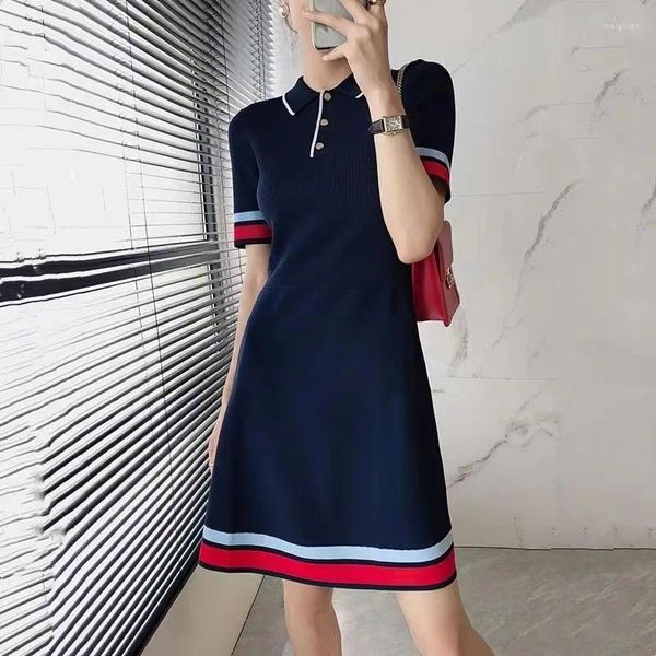 Abiti casual Polo Collar Knit for Women Summer Shor Shor Slim Party Elegant Mini Dress Corean Stripe A-Line T917
