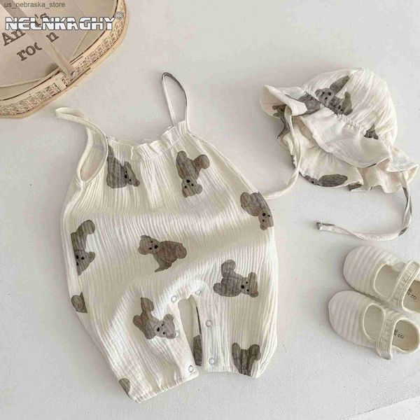 T-Shirts 2023 Sommer New Baby Girl Boy ärmellose Cartoon Bär gedruckt Kleidung Volles Set Childrens Baby Bodysuit+Hut Q240418