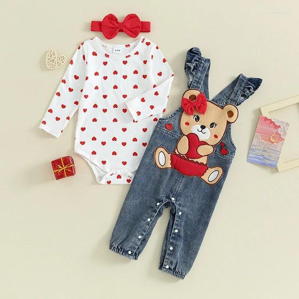 Set di abbigliamento 0-18 mesi Girl Girl Valentine Autfit Cuore Portaggio con abbigliamento da ricamo orso in denim pantaloni Cantaloni Abbandono