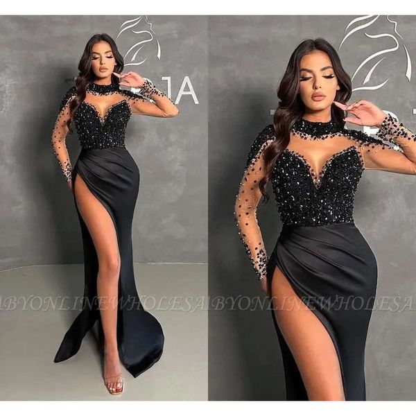 Vestidos de noite de noite de coxa árabe sexy vestido de baile preto de pescoço novo lantejous lantejas de mangas compridas para mulheres para mulheres BC18205 0418