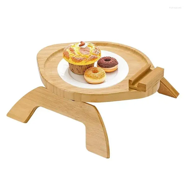 Dekorative Figuren natürlicher Holzsofa Arm Tablett Clip-On-Couch-Tisch mit 360 Grad rotierender Tassenhalter Praktischer TV-Snack Kaffee