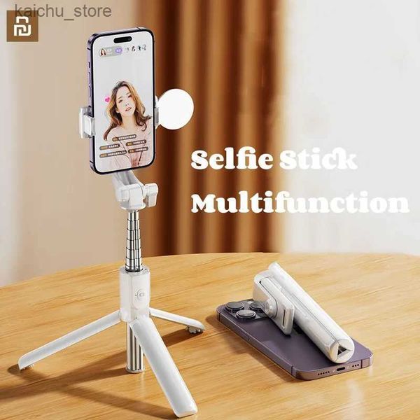 Selfie Monopods Wireless Selfie Stick Bluetooth Mini Tripé Luz de encher de mão com obturador remoto para iOS Android Smart Phone Câmera Y240418