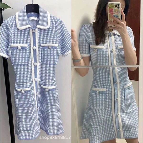 SP New Mist Blue Mini Knit Dress Women Women Small Fragrance Style Flash Plaid Knit