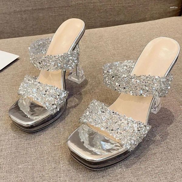 Тапочки 2024 летние женщины 12 см прозрачные высокие каблуки 3 см насосы платформы роскошные алмазные квадратные ночные клубы серебряные клубы