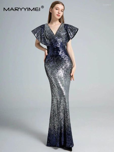 Платья для вечеринок Maryimei золото/серебряное летнее женское платье V-образное обратное летавное рукав блестящие блестки сексуальная русалка Maxi Maxi