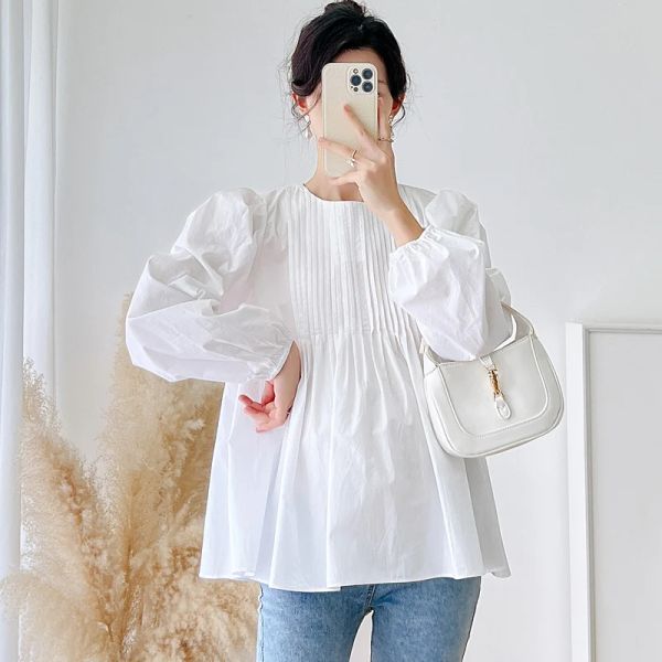 Vestidos camisas brancas para mulher grávida para o outono de manga longa oneck lanterna manga de maternidade blusas plouxos de gravidez roupas de algodão 2023