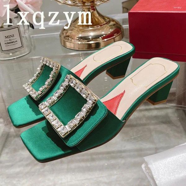 Slippers High Heels Shoes Women Summer Satin Square Buckle Jelly Slides Open-Toes