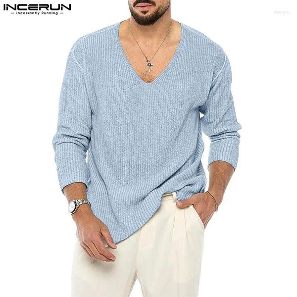 Magliette da uomo top incerun 2024 American Style Mens Fashion V-Neck Pit Slipe T-shirt Streetwear Casual Solid Solid Long Camiseta S-5XL
