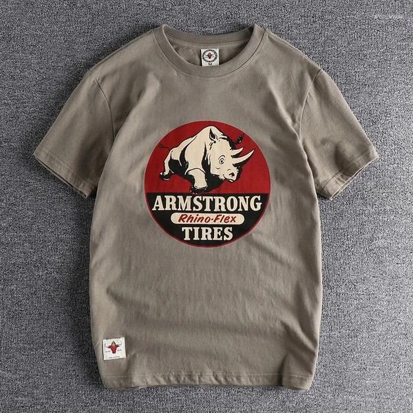 Erkek Tişörtleri Yaz Amerikan Retro Kısa Kollu O yakalı Rhino Baskılı T-Shirt Moda Basit Pamuk Yıkalı Günlük Spor Topları