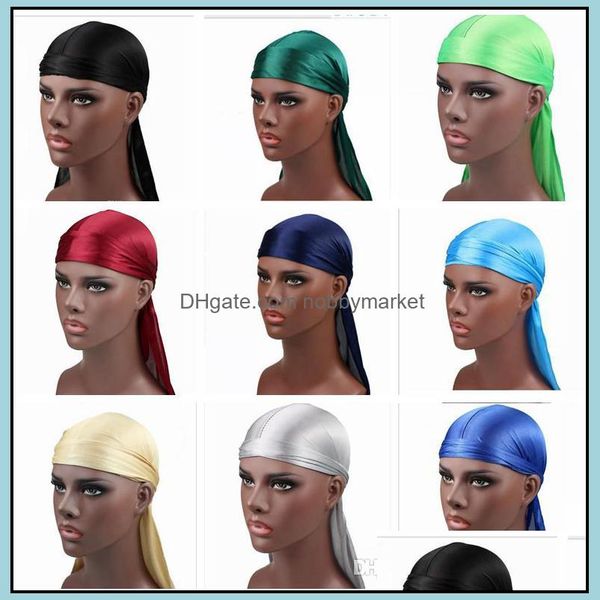 Bandanas New Fashion Mens Satin Durags Bandana Turban Wigs 17 Colours Men Silking Durag Weadwear Accessori per capelli con cappello pirata dro otj4w