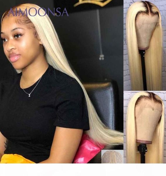 613 Blonde Perücke menschliches Haar Ombre Straight Human Hair Perücken 30 Zoll lang schwarze Wurzeln t Teil transparente Spitzenperücken für Frauen Remy 1302809297