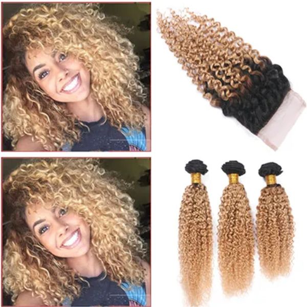 Scheuchter brasilianischen Honigblondine dunkle Wurzel Ombre 3bundles mit Verschluss 4x4 Kinky Curly Ombre 1B/27 Zwei -Ton -Spitzen -Frontschließung mit Extensio