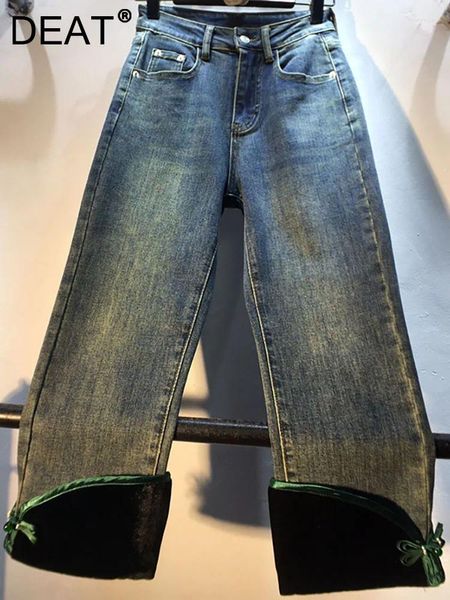 Jeans femminile ad alto contenuto di velluto sottili polsini verdi bordo verde elastico pantaloni di denim a lunghezza della caviglia 2024 autunno moda 29l3681