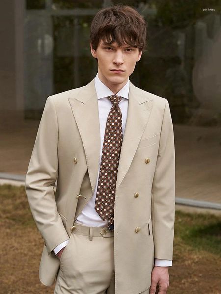 Abiti da uomo 30% di lana uomini set blazer pantalone a doppio petto beige kaki abito formale sposo da sposa indossare giovane cappotto da gentiluomo