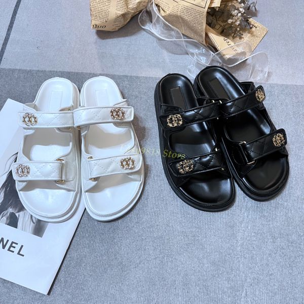 Tasarımcı Baba Sandallar Lüks Kadın Slaytlar Platform Sandal Kristal Sandles Quiltedcalfskin Sıradan Ayakkabı Düz ​​Miles Bayan Toka Velcro Sandal Plaj Terlik Beyaz