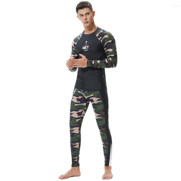 Herren thermische Unterwäsche Tauwell Langarm Tarn Tarnung Rashguard Spleiß UV Sonnenschutz Basis Skins Surfen Tauchhosen Set