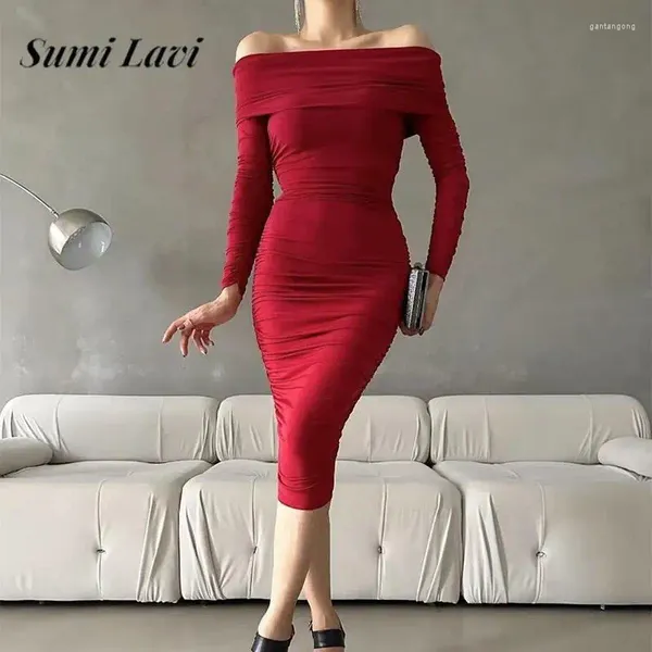 Abiti casual Donne sexy fuori spalla Draped Dress Abito a maniche lunghe Scialle Slimt Fit Office Elegante Slash Neck BodyCon Midi