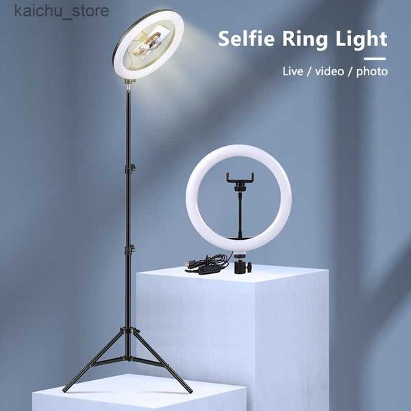 Iluminação contínua de 26/33cm LED Selfie anel de luminária Circular Circular Light Light Dimmable Light Makeup Photo Ring Light com suporte de telefone Tripod Y240418