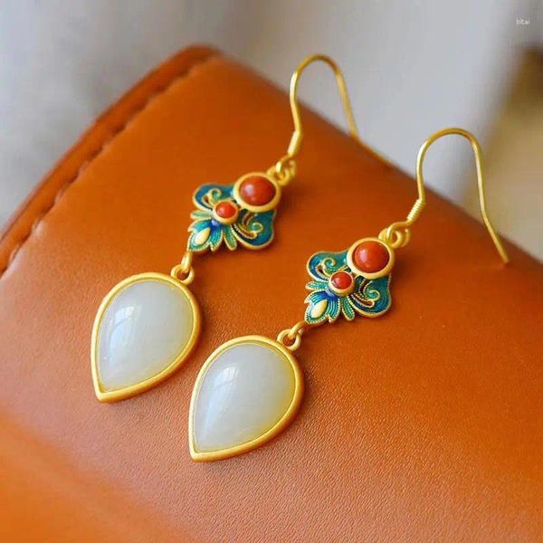 Brincos de bronzeamento dangle hetiano hetiano hetian jade goto de água chinesa estilo cloisonne esmalte luminário de luxo étnic feminino jóias de marca