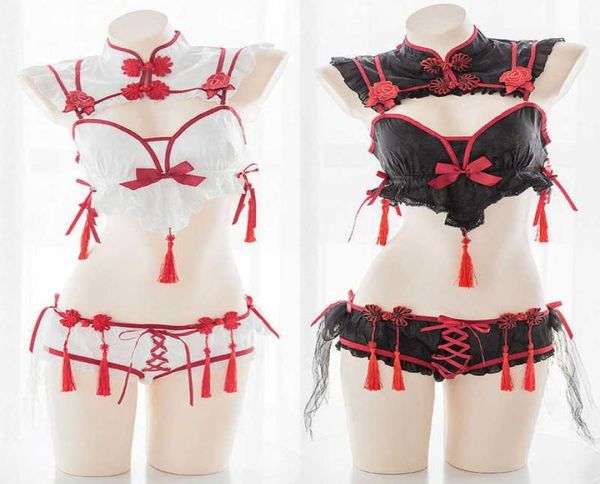 Gotik Vintage Cheongsam iç çamaşırı seti seksi hizmetçi iblis cosplay üniforma lolita dantel nakış püskülleri özel iç çamaşırı seti x06262425500