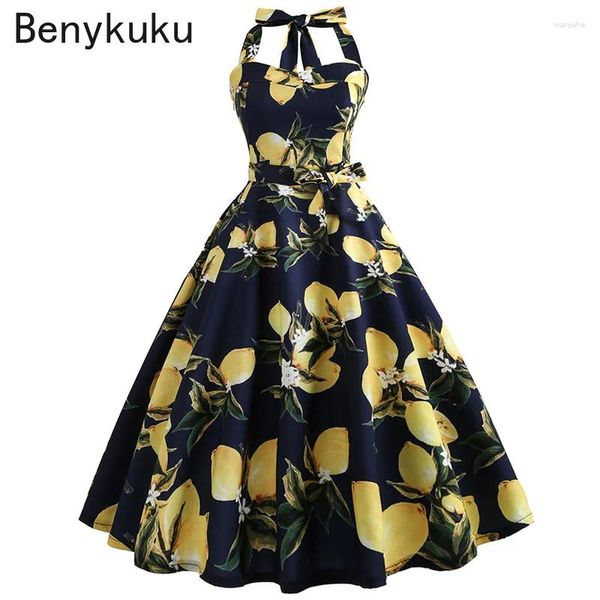 Sıradan Elbiseler Limon Baskı Yular Straplez Kadınlar Giyim Yaz Seksi Sırtsız Parti Bayanlar Zarif 50s 60s Vintage Rockabilly Vestidos