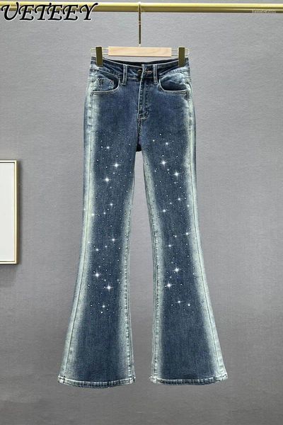 Damen Jeans Jeans Denim Bellboden Hosen Trendy Herbst Elastizität hoher Taille schlanke schlanke europäische Warenverselzhosen Strass