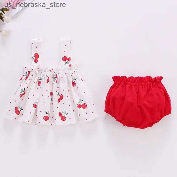 Vestidos de menina vestido de verão bebê conjunto de roupas de bebê 0-2 anos de pão de pão de cereja de cereja de bebê de pão de pão de duas peças kf1138 q240418