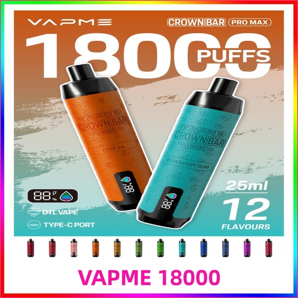 Vapme Crown Bar 18000 Puffs VapMe 18000 DTL VAPE Tipo C Bateria de porta 850mAh Capacidade de 25ml Bang King Bang Box Box