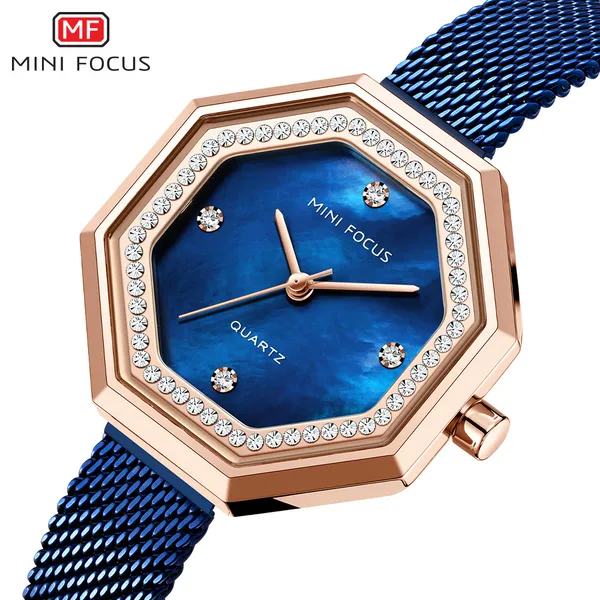 Mini Focus Fashion Womens Watch Sulsite Shell con Diamond Fritillaria Cintura in maglia in acciaio impermeabile letterale 0304L