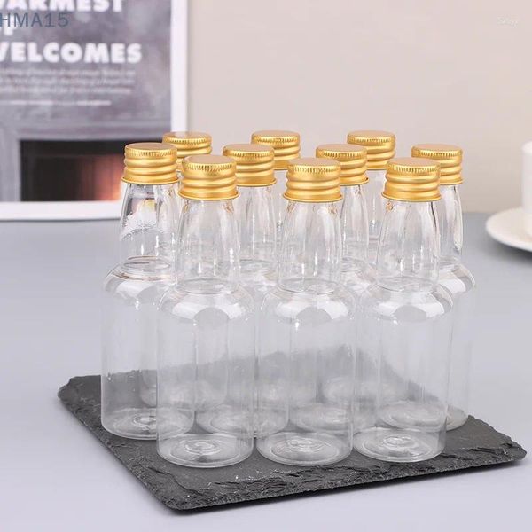 Wasserflaschen 10pcs 50 ml Mini Clear Clear Pet Erfüllbarer kleiner Wein für Party Hochzeitsgippe mit Leckschutzdeckel