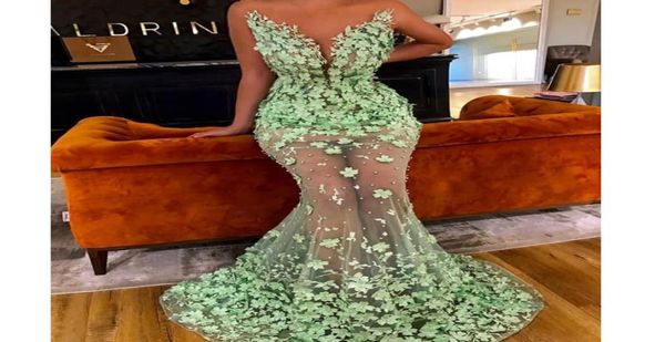 Aufgrund der Meeresjungfrau -Abschlussballkleid mit 3D -Blumen -Applikationen bloße Schmuckhals ärmellose Tüll bodenlange Partykleid Celebrity Peri6221149